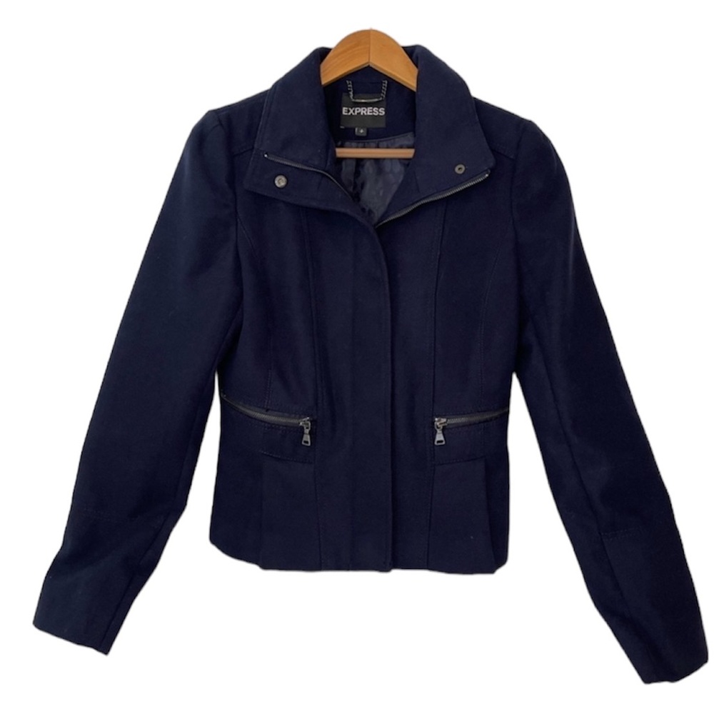 Express Navy Pea Coat Zip & button Front Lined Women’s Size Small Petite